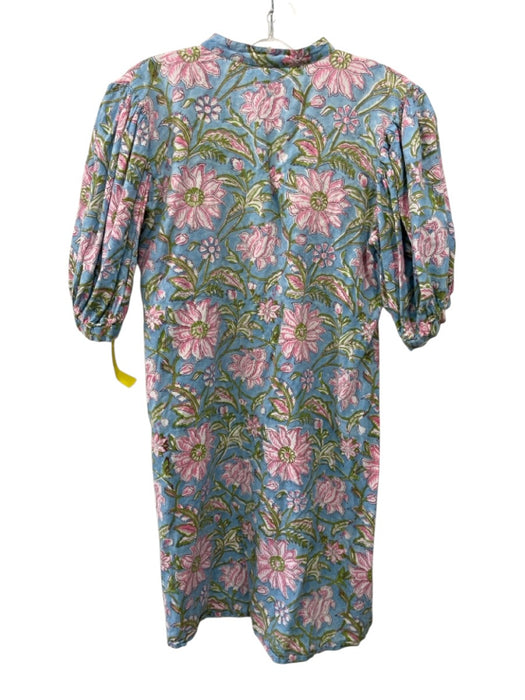Le Bazar Coastal Size M Blue, Green, Multi Cotton Floral Short Puff Sleeve Dress Blue, Green, Multi / M