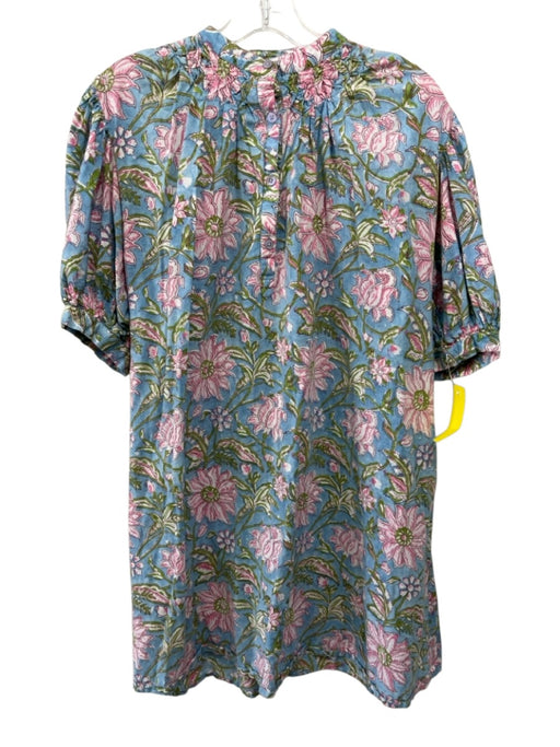 Le Bazar Coastal Size M Blue, Green, Multi Cotton Floral Short Puff Sleeve Dress Blue, Green, Multi / M