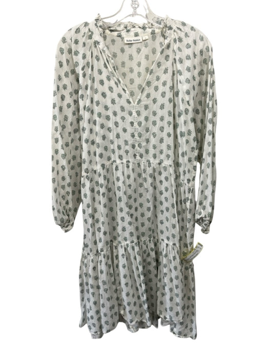 Roller Rabbit Size M White & Green Cotton Long puff sleeve Floral Print Dress White & Green / M