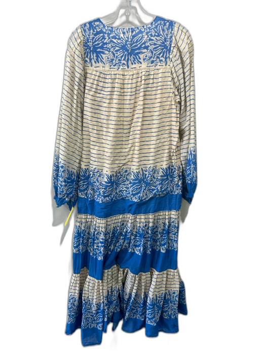 Matta Size S Blue & Cream Cotton Gauze Stripe & Floral Tiered Long Sleeve Dress Blue & Cream / S