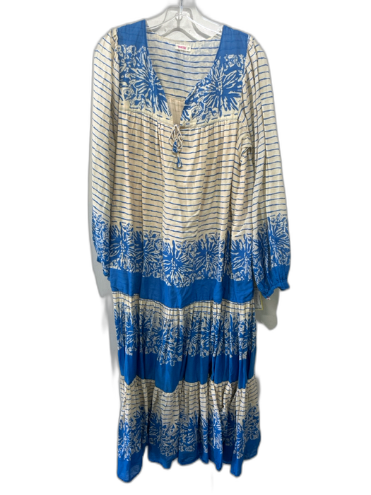 Matta Size S Blue & Cream Cotton Gauze Stripe & Floral Tiered Long Sleeve Dress Blue & Cream / S