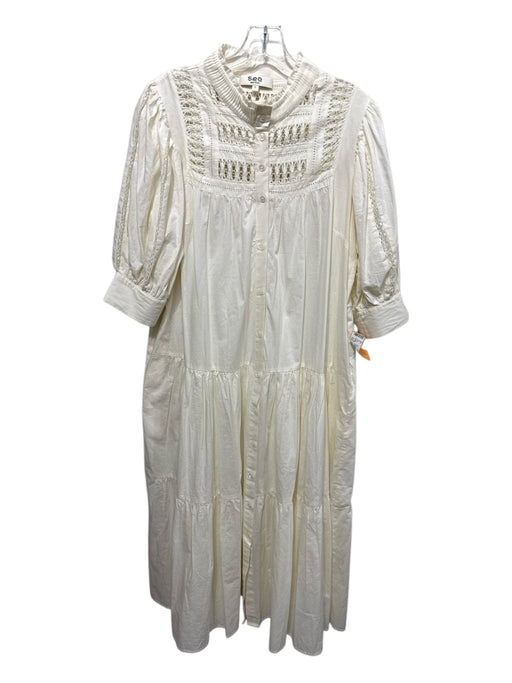 Sea New York Size Large Cream Cotton Short Balloon Sleeve Ladder Lace Dress Cream / Large