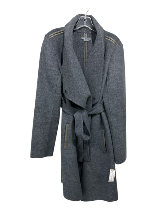 Vince Size L Charcoal Gray Wool Leather trim Open Front Long Sleeve Coat Charcoal Gray / L