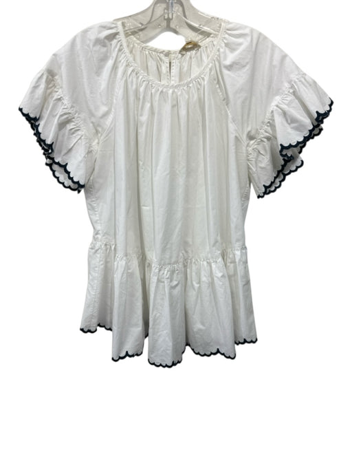Ann Mashburn Size M White Cotton Scallop Hem Round Neck Keyhole Back Top White / M