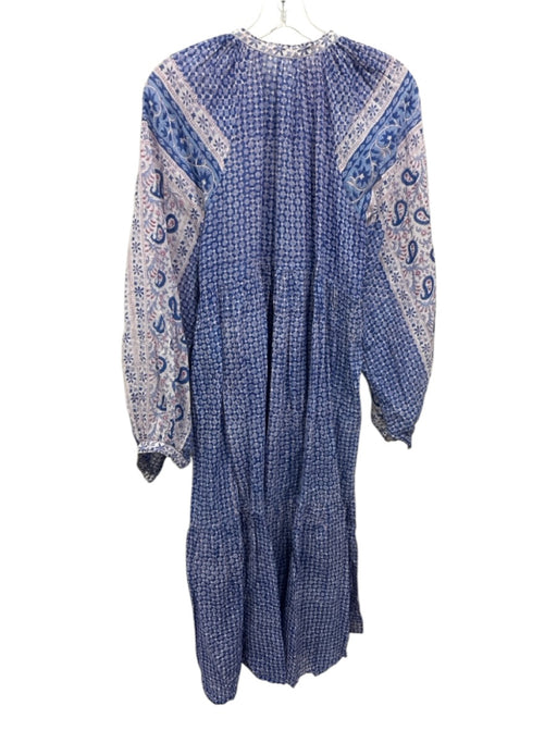 Matta Size M Blue & White Cotton Long Sleeve Floral Print Split V neck Dress Blue & White / M