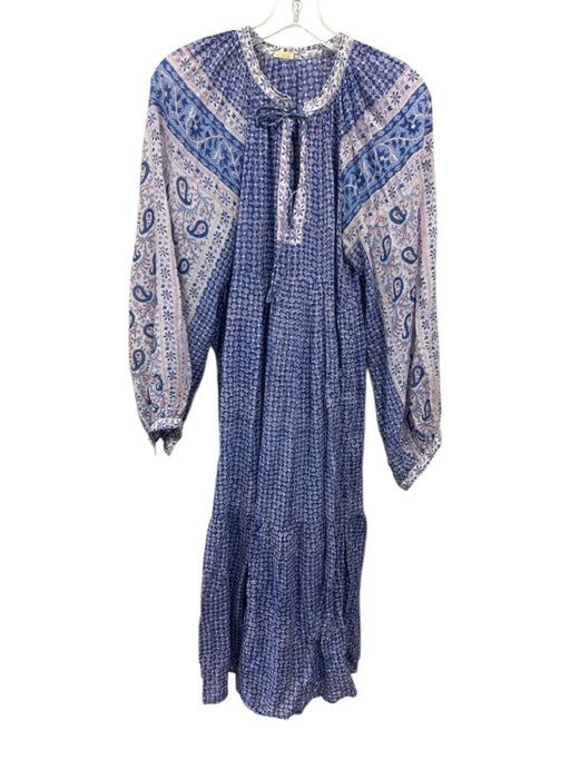 Matta Size M Blue & White Cotton Long Sleeve Floral Print Split V neck Dress Blue & White / M