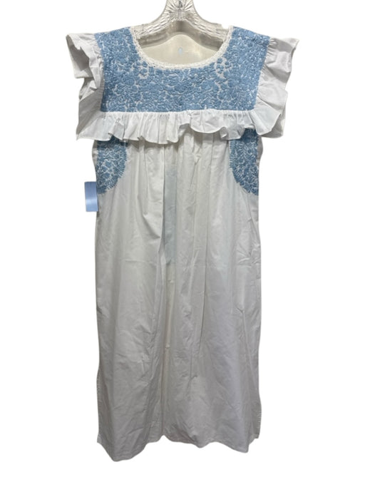 Mi Golondrina Size L White & Blue Cotton Ruffle Cap Sleeve Below Knee Dress White & Blue / L