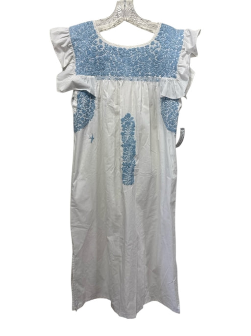 Mi Golondrina Size L White & Blue Cotton Ruffle Cap Sleeve Below Knee Dress White & Blue / L