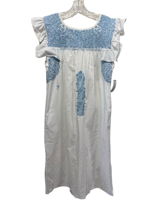 Mi Golondrina Size L White & Blue Cotton Ruffle Cap Sleeve Below Knee Dress White & Blue / L