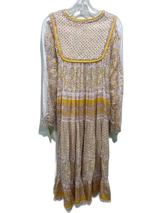 Matta Size L Yellow, White & Taupe Cotton Long Sleeve Floral Quilt Detail Dress Yellow, White & Taupe / L
