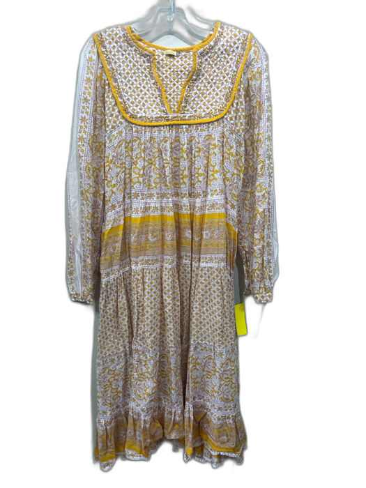 Matta Size L Yellow, White & Taupe Cotton Long Sleeve Floral Quilt Detail Dress Yellow, White & Taupe / L