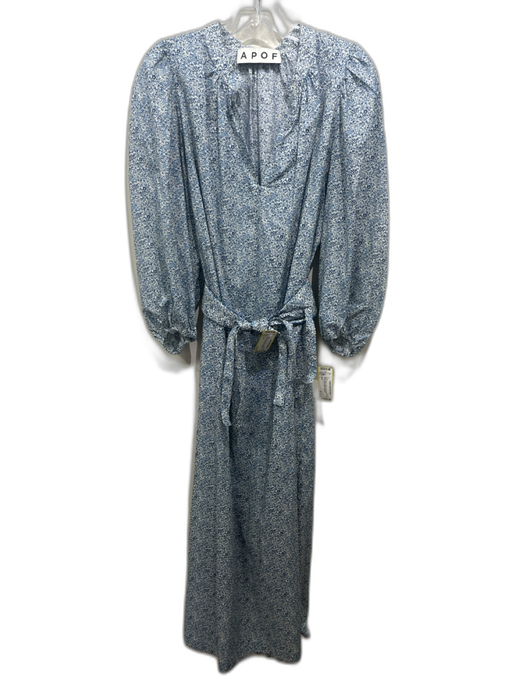 APOF Size L Blue & White Cotton Long Sleeve Floral V Neck Maxi Dress Blue & White / L