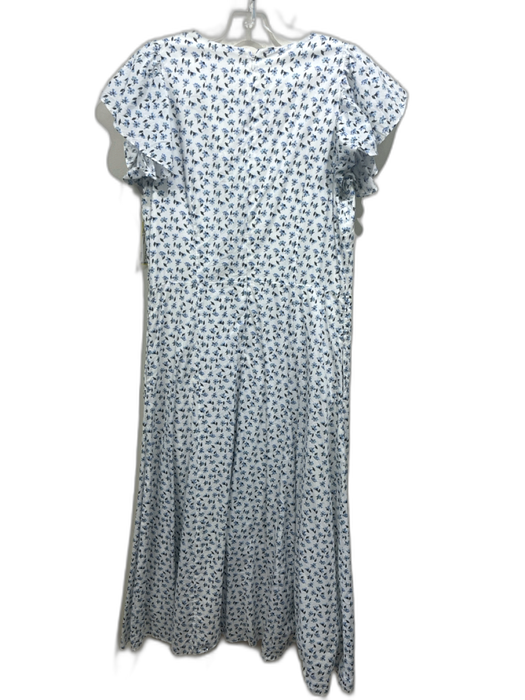 Ann Mashburn Size L White & Blue Cotton Floral Ruffle Cap Sleeve V Neck Dress White & Blue / L