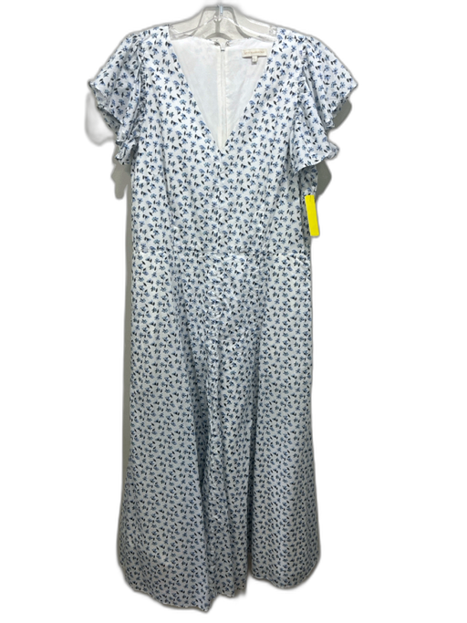 Ann Mashburn Size L White & Blue Cotton Floral Ruffle Cap Sleeve V Neck Dress White & Blue / L