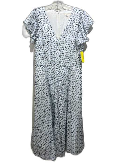 Ann Mashburn Size L White & Blue Cotton Floral Ruffle Cap Sleeve V Neck Dress White & Blue / L