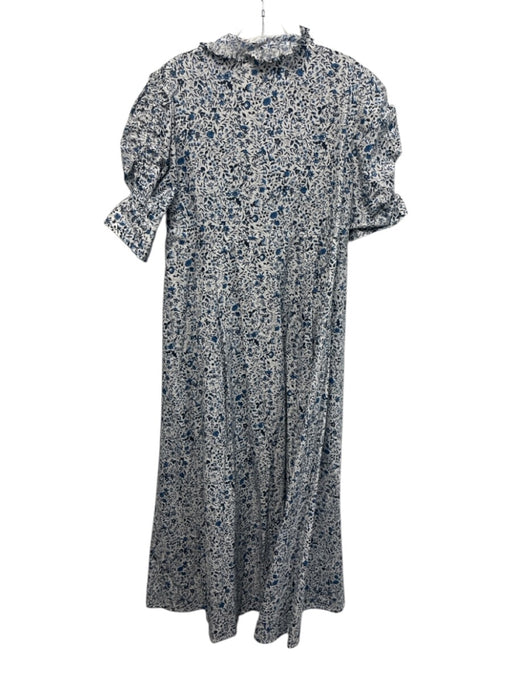 Thierry Colson Size L White & Blue Cotton Ruffle Collar Puff Short Sleeve Dress White & Blue / L