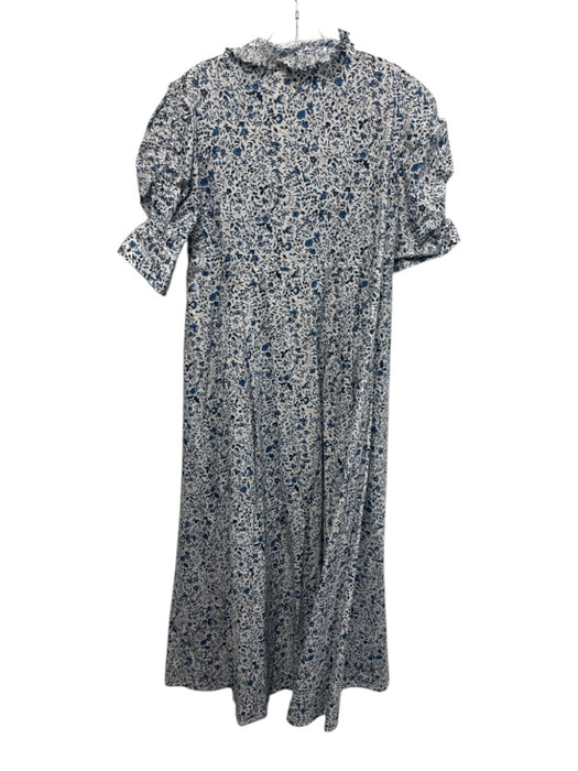Thierry Colson Size L White & Blue Cotton Ruffle Collar Puff Short Sleeve Dress White & Blue / L