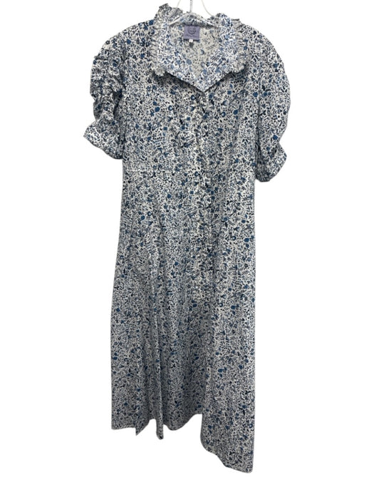 Thierry Colson Size L White & Blue Cotton Ruffle Collar Puff Short Sleeve Dress White & Blue / L