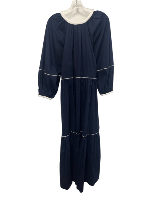 Staud Size L Navy Blue & White Cotton U Neck White Stripe Detail Dress Navy Blue & White / L
