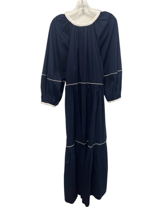 Staud Size L Navy Blue & White Cotton U Neck White Stripe Detail Dress Navy Blue & White / L