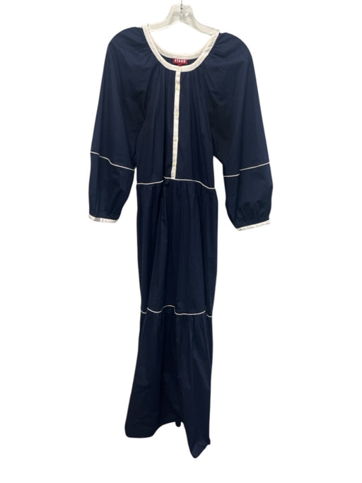 Staud Size L Navy Blue & White Cotton U Neck White Stripe Detail Dress Navy Blue & White / L