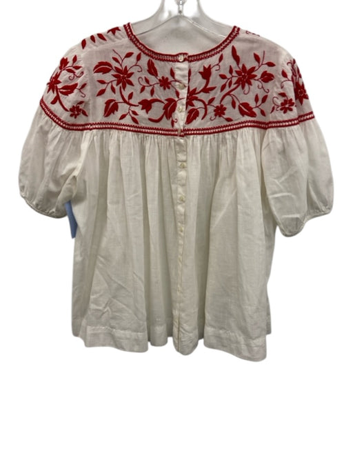 The Great Size M White & Red Cotton Embroidered Leaves Puff Sleeves Babydoll Top White & Red / M