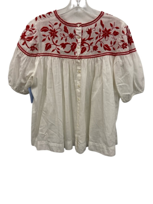 The Great Size M White & Red Cotton Embroidered Leaves Puff Sleeves Babydoll Top White & Red / M