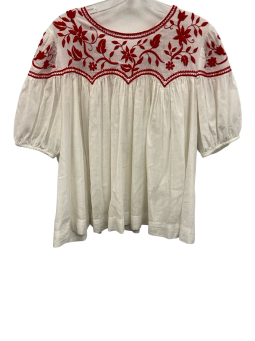 The Great Size M White & Red Cotton Embroidered Leaves Puff Sleeves Babydoll Top White & Red / M