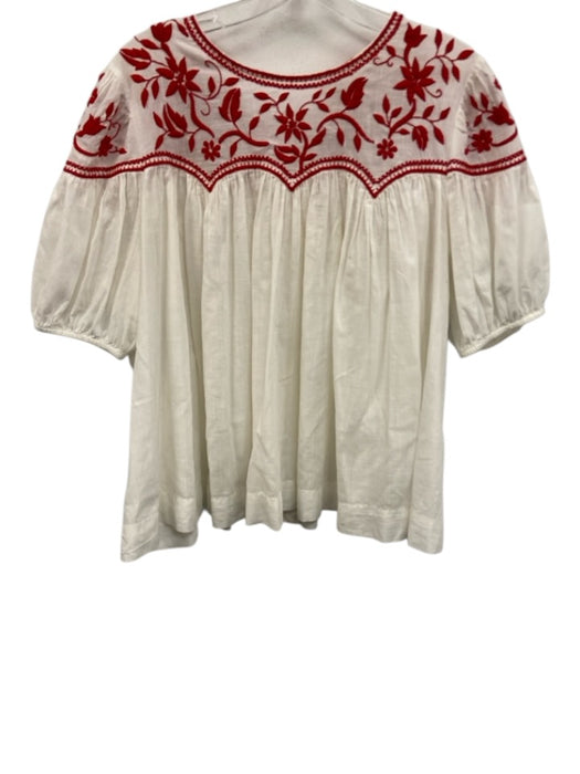 The Great Size M White & Red Cotton Embroidered Leaves Puff Sleeves Babydoll Top White & Red / M