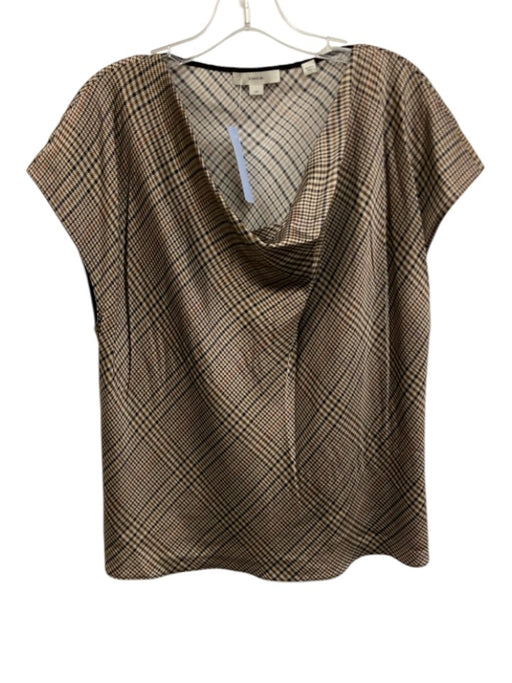 Vince Size L Brown, Tan, Black Silk Houndstooth Short Sleeve Ear Cuff Top Brown, Tan, Black / L