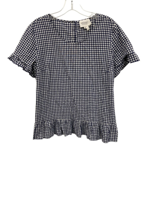 Sezane Size 40 /  XL Blue & White Cotton Ruffle Trim Gingham Button Back Top Blue & White / 40 /  XL