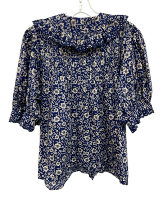 Doen Size XL Blue & White Organic Cotton Flounce Floral Button Down Top Blue & White / XL