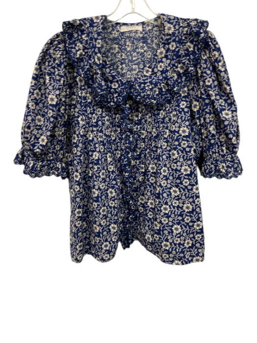 Doen Size XL Blue & White Organic Cotton Flounce Floral Button Down Top Blue & White / XL