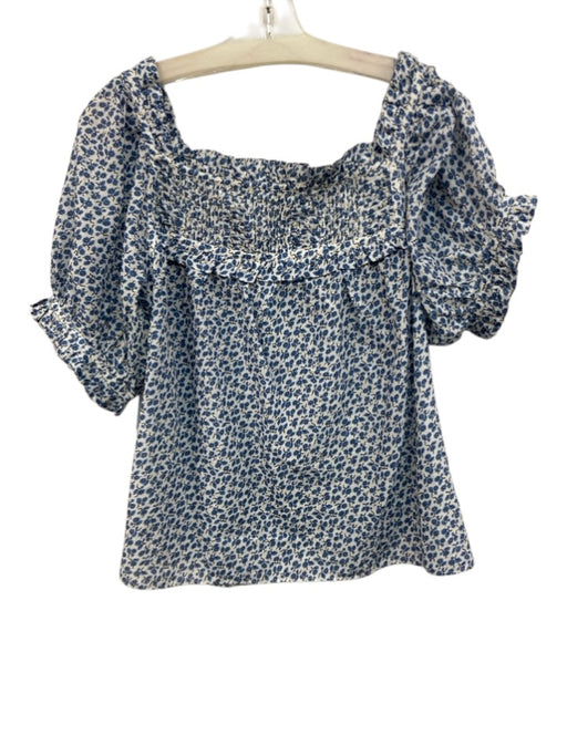 Doen Size XL Blue & White Organic Cotton Pintuck Floral Ruffle Trim Top Blue & White / XL