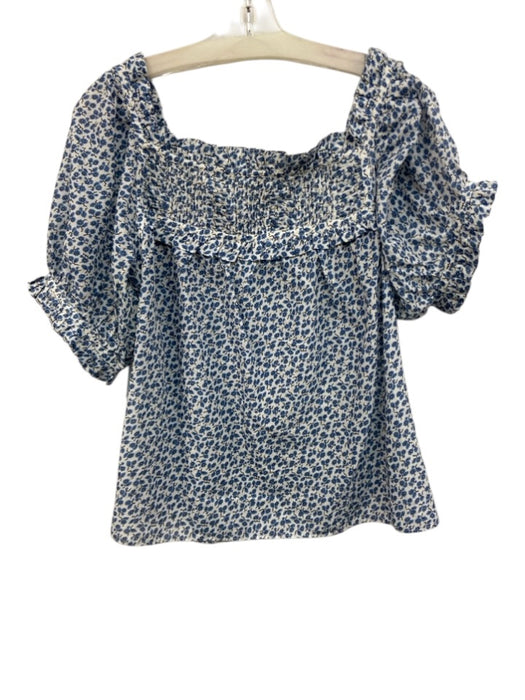 Doen Size XL Blue & White Organic Cotton Pintuck Floral Ruffle Trim Top Blue & White / XL