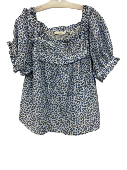 Doen Size XL Blue & White Organic Cotton Pintuck Floral Ruffle Trim Top Blue & White / XL