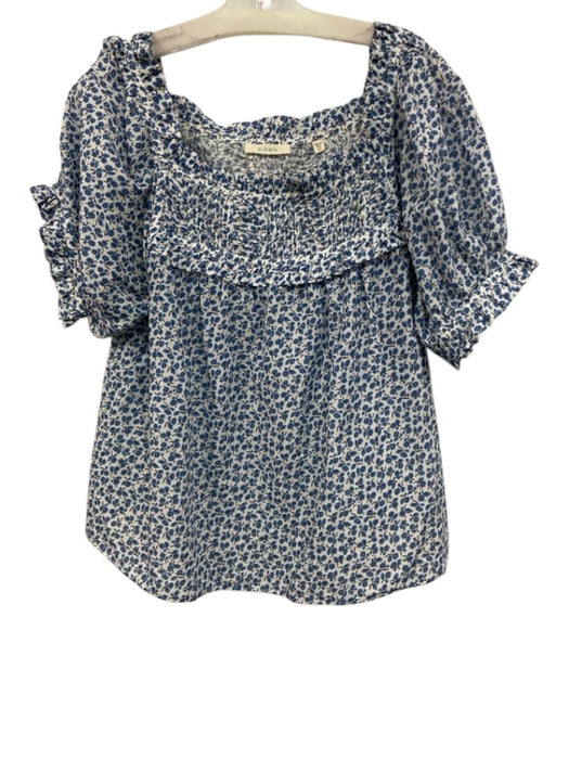 Doen Size XL Blue & White Organic Cotton Pintuck Floral Ruffle Trim Top Blue & White / XL