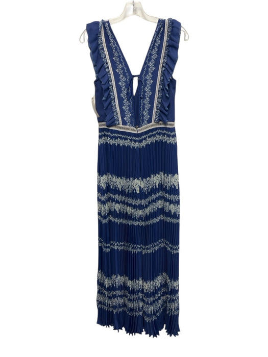 Self-Portrait Size 10 Blue & White Polyester Ruffle Cap Sleeve V Neck Maxi Dress Blue & White / 10