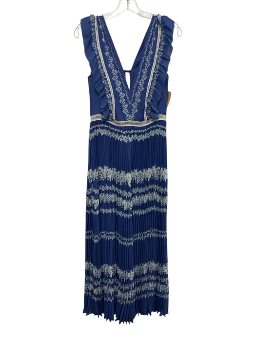 Self-Portrait Size 10 Blue & White Polyester Ruffle Cap Sleeve V Neck Maxi Dress Blue & White / 10
