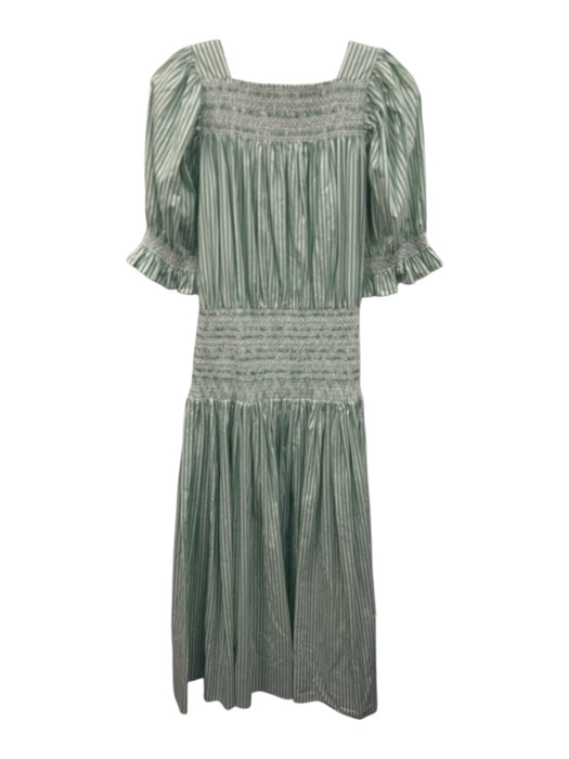 Loeffler Randall Size M Green & White Cotton Short Puff Sleeve Stripe Midi Dress Green & White / M