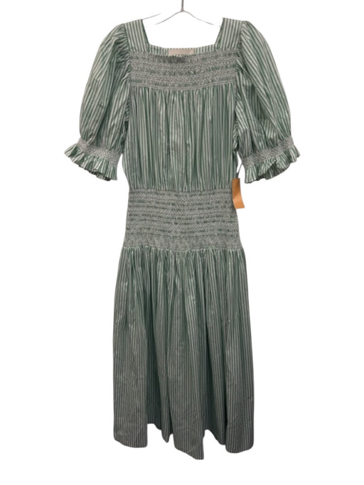 Loeffler Randall Size M Green & White Cotton Short Puff Sleeve Stripe Midi Dress Green & White / M