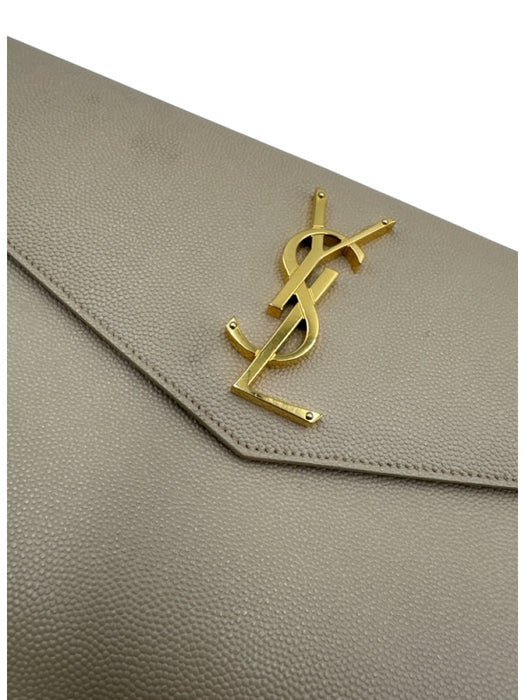 Saint Laurent Beige Pebble Leather gold logo Magnetic Flap Envelope Clutch Bag Beige / XS