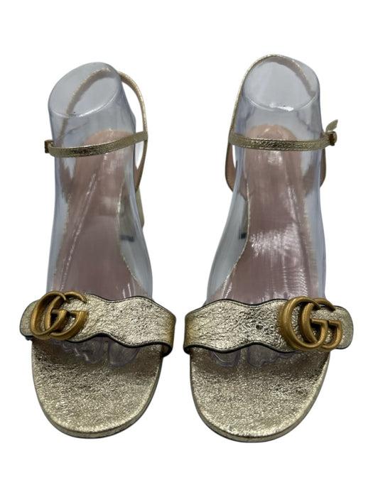 Gucci Shoe Size 42 Gold Crinkle Leather Metallic High Block Heel Sandals Gold / 42