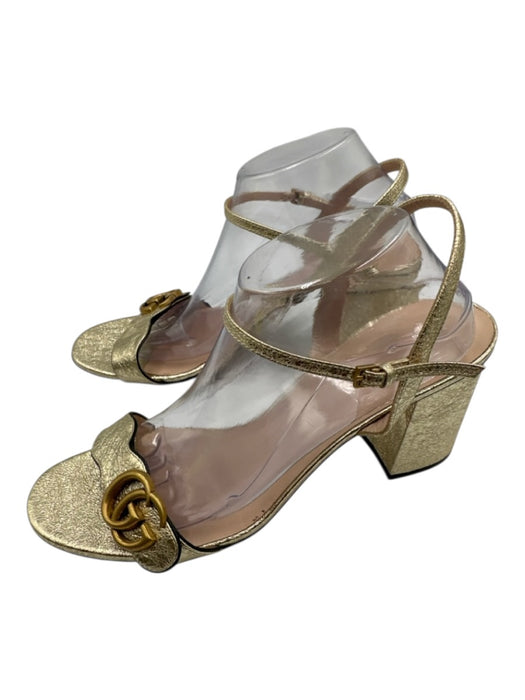Gucci Shoe Size 42 Gold Crinkle Leather Metallic High Block Heel Sandals Gold / 42