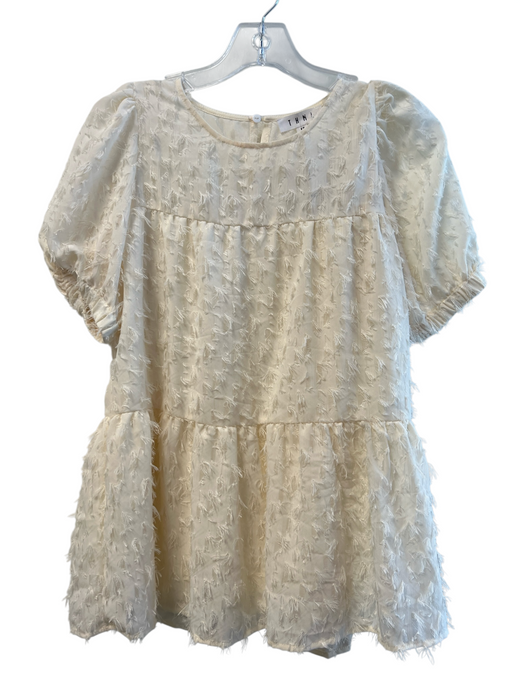 THML Size XS Ivory Polyester Crew Neck Short Puff Sleeve Perforated Top Ivory / XS