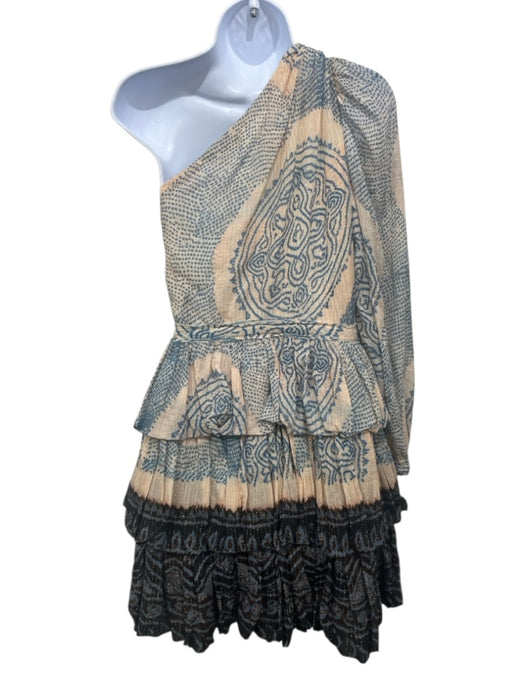 Ulla Johnson Size 0 Beige & Blue Cotton Blend Zip Close Tiered Skirt Dress Beige & Blue / 0