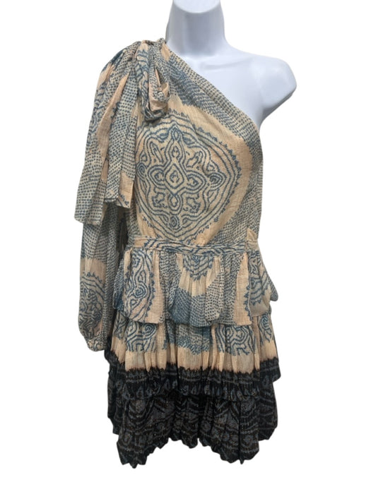 Ulla Johnson Size 0 Beige & Blue Cotton Blend Zip Close Tiered Skirt Dress Beige & Blue / 0