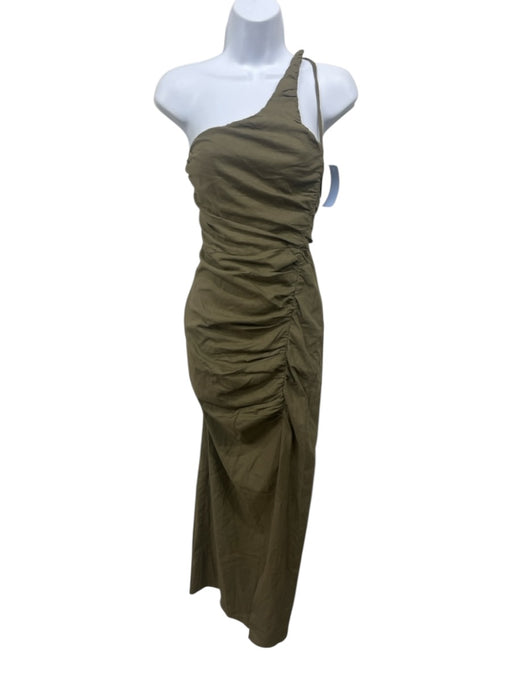 Zara Size XS Olive Green Linen Blend Zip Close Ruched Maxi Strappy Dress Olive Green / XS