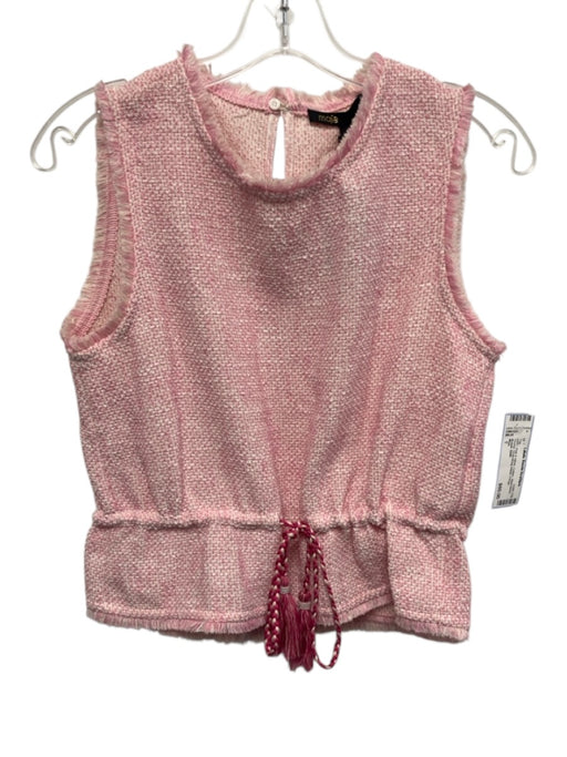 Maje Size 1 Pink & White Cotton Sleeveless Tweed Drawstring Waist Fringe Top Pink & White / 1
