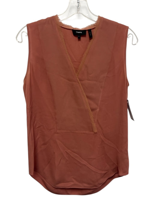 Theory Size P Camel Brown Silk Sleeveless V Neck Fringe Detail Top Camel Brown / P